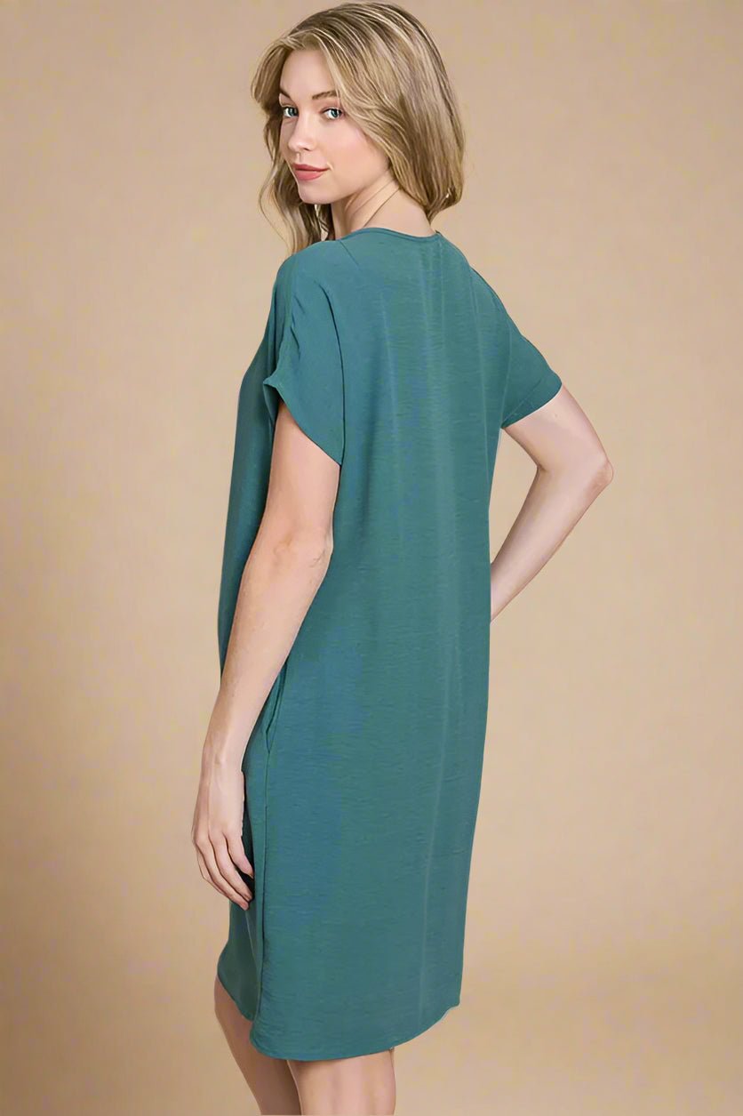 BOMBOM - Teal V - Neck Pocket Tee Mini Dress