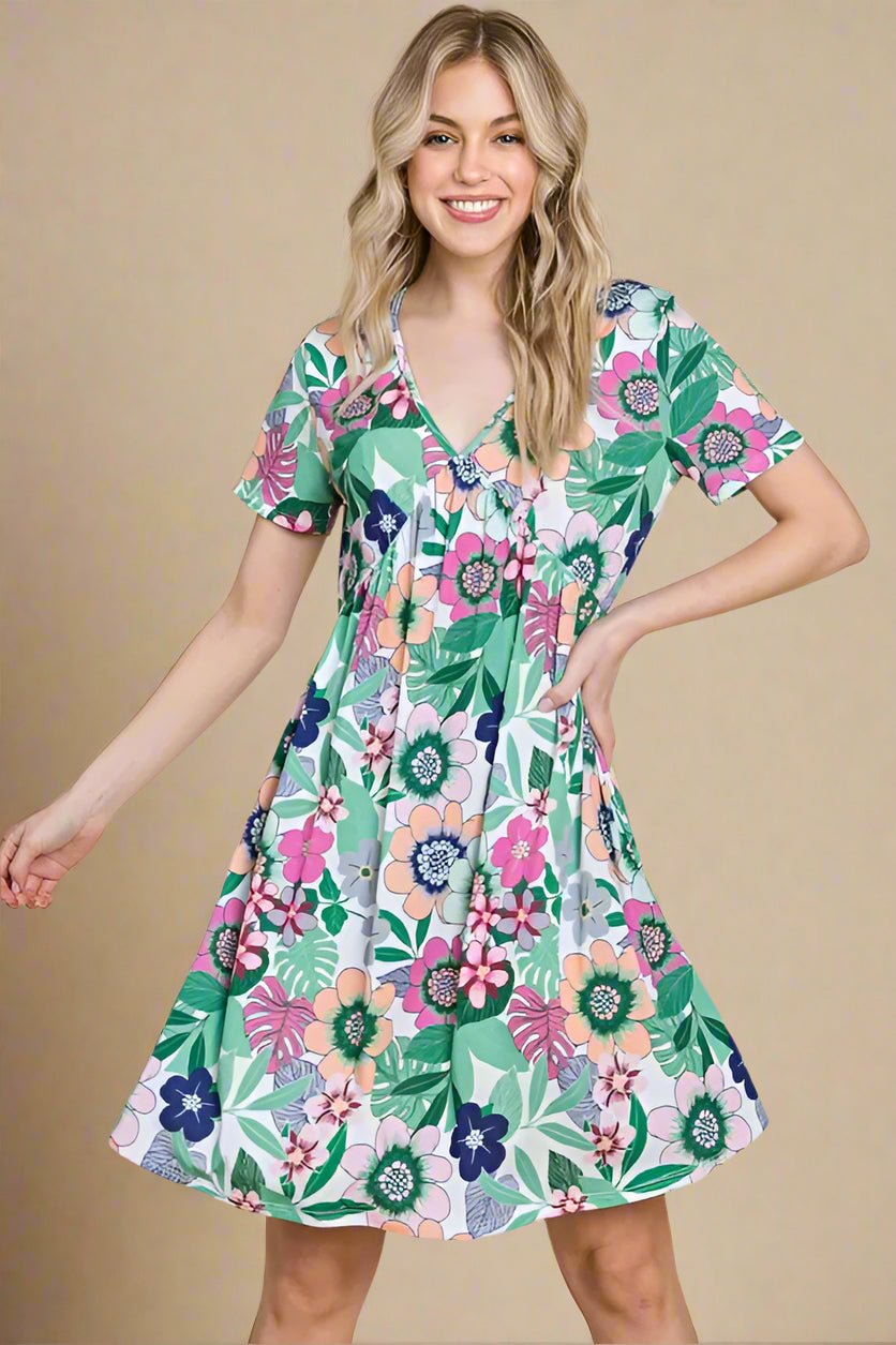 BOMBOM - Tropical Garden V - Neck Mini Dress