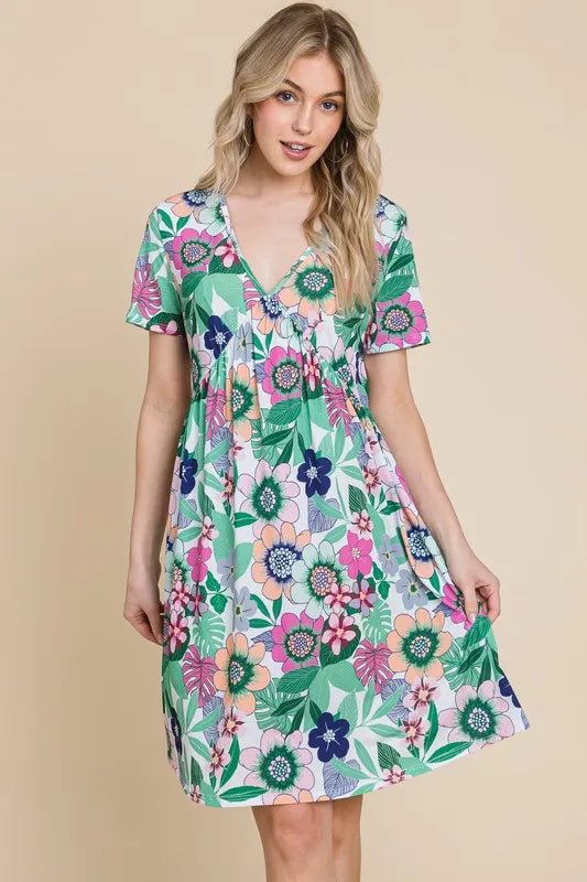 BOMBOM - Tropical Garden V - Neck Mini Dress