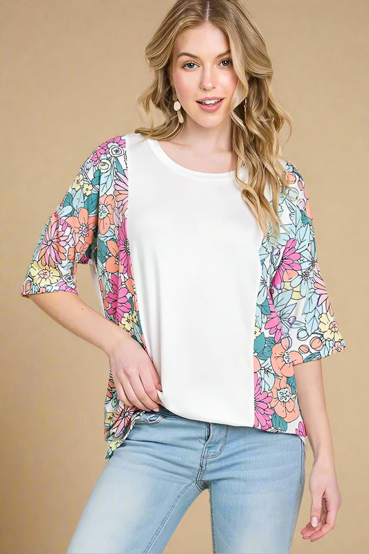 BOMBOM - White Floral Sleeve Colorblock Top