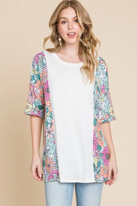 BOMBOM - White Floral Sleeve Colorblock Top