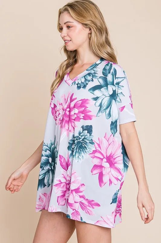 BOMBOM - White & Pink Floral V - Neck Tee