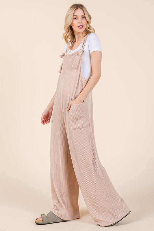 BOMBOM - Wide Leg Rib Knit Overalls in Dust Storm