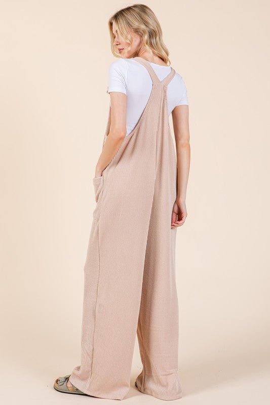 BOMBOM - Wide Leg Rib Knit Overalls in Dust Storm