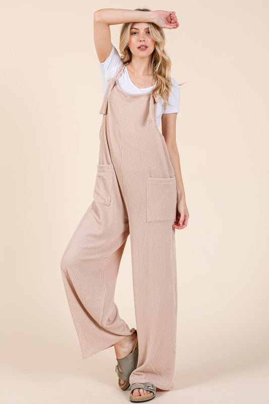 BOMBOM - Wide Leg Rib Knit Overalls in Dust Storm