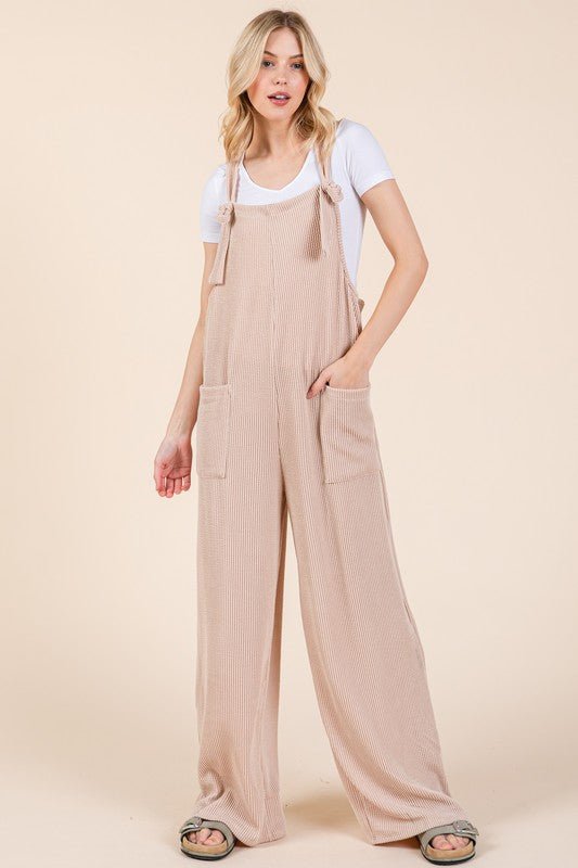 BOMBOM - Wide Leg Rib Knit Overalls in Dust Storm