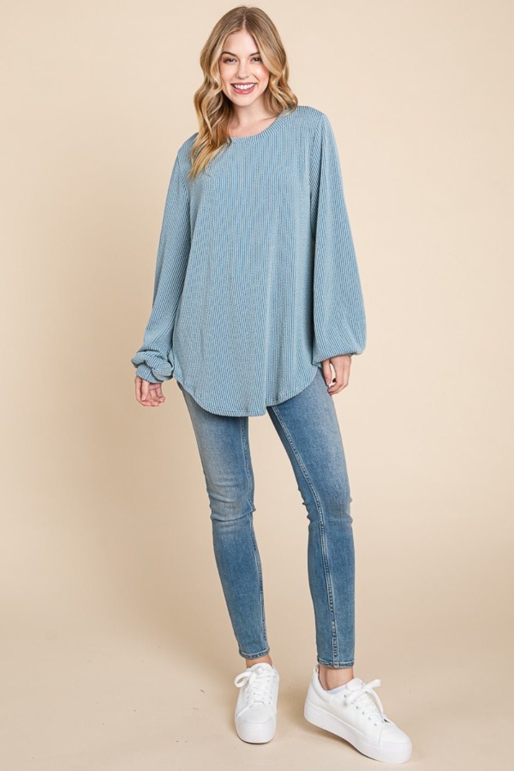 BOMBOMLong Sleeve Curved Hem Rib Knit T - Shirt in Denim Blue