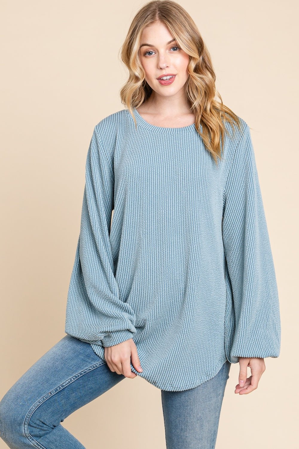 BOMBOMLong Sleeve Curved Hem Rib Knit T - Shirt in Denim Blue