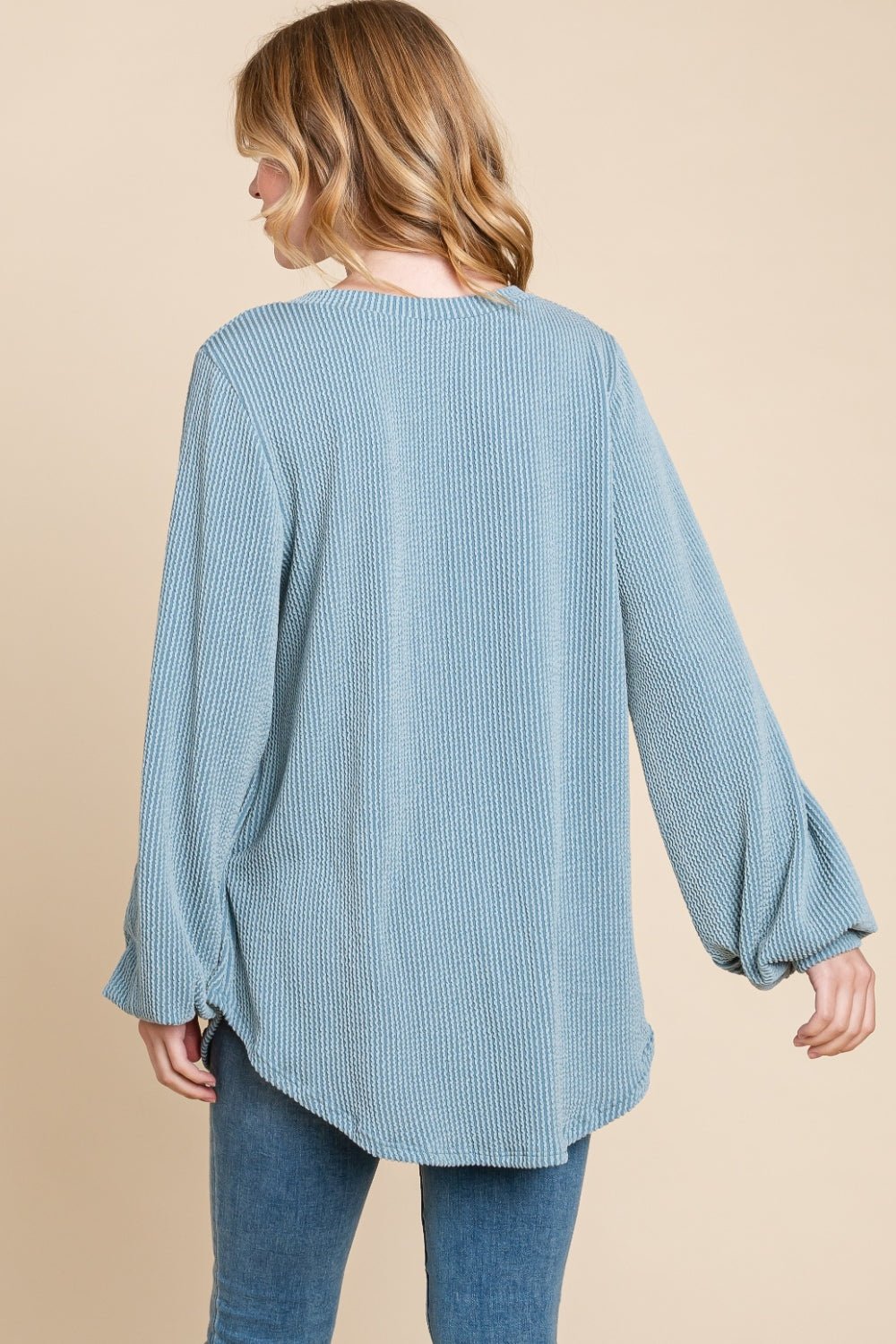 BOMBOMLong Sleeve Curved Hem Rib Knit T - Shirt in Denim Blue