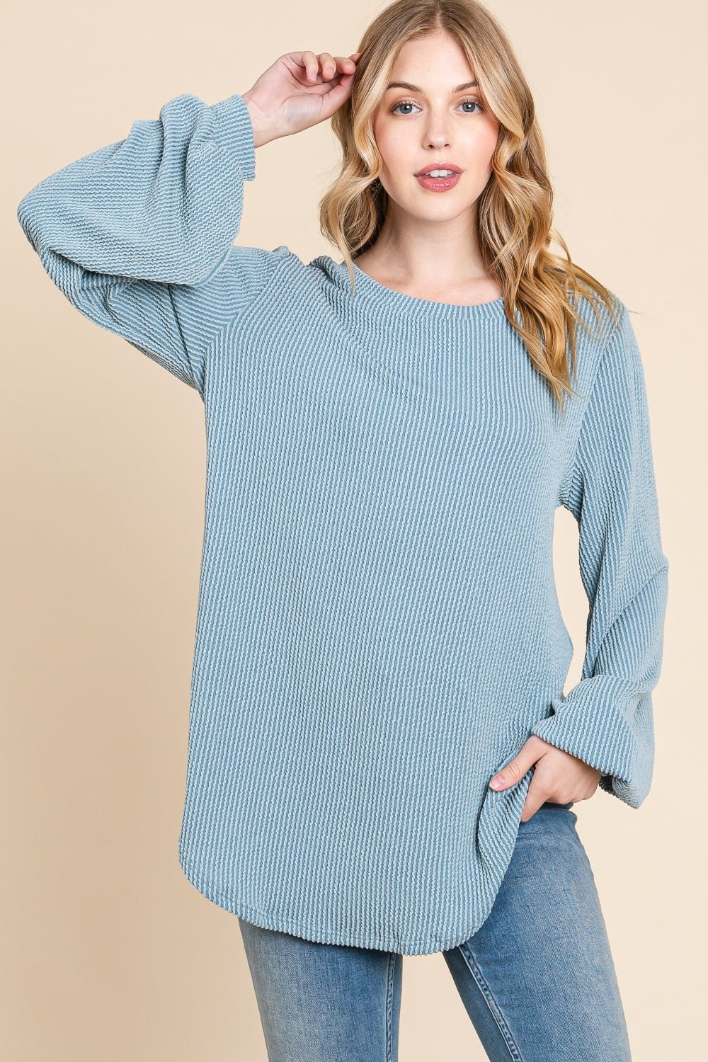 BOMBOMLong Sleeve Curved Hem Rib Knit T - Shirt in Denim Blue