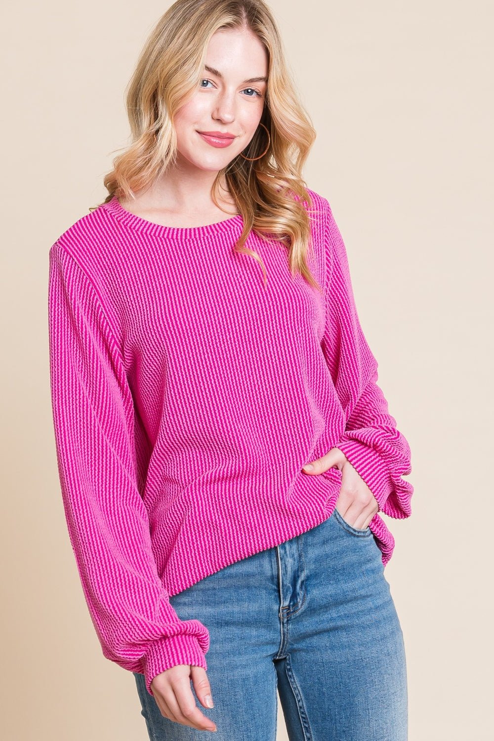 BOMBOMLong Sleeve Curved Hem Rib Knit T - Shirt in Fuchsia