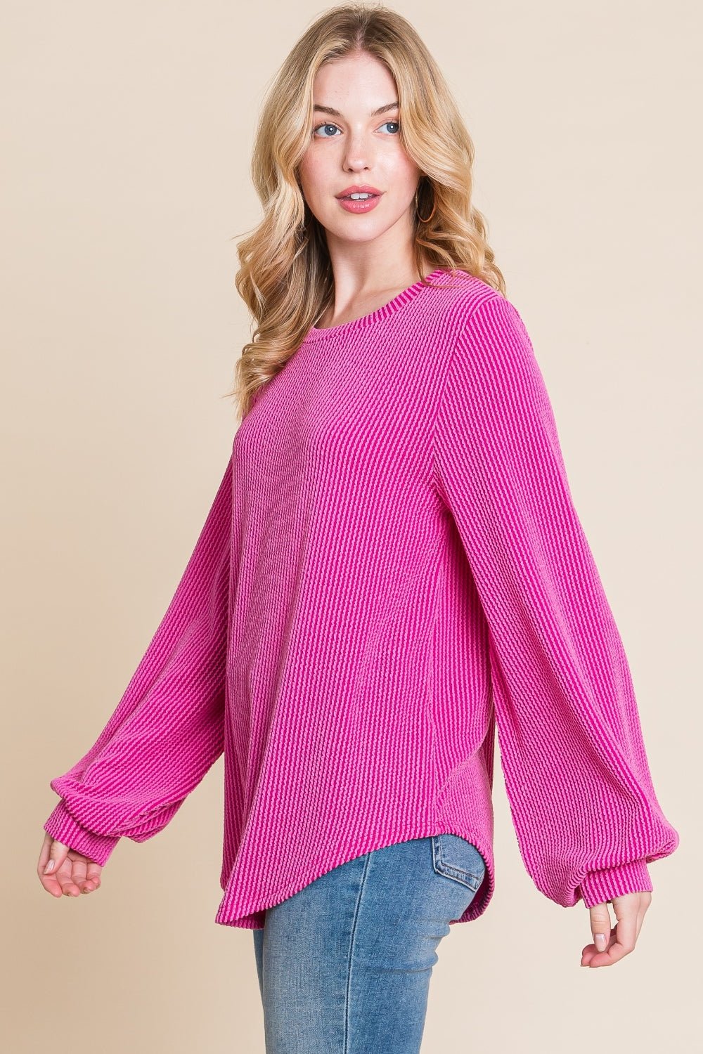 BOMBOMLong Sleeve Curved Hem Rib Knit T - Shirt in Fuchsia