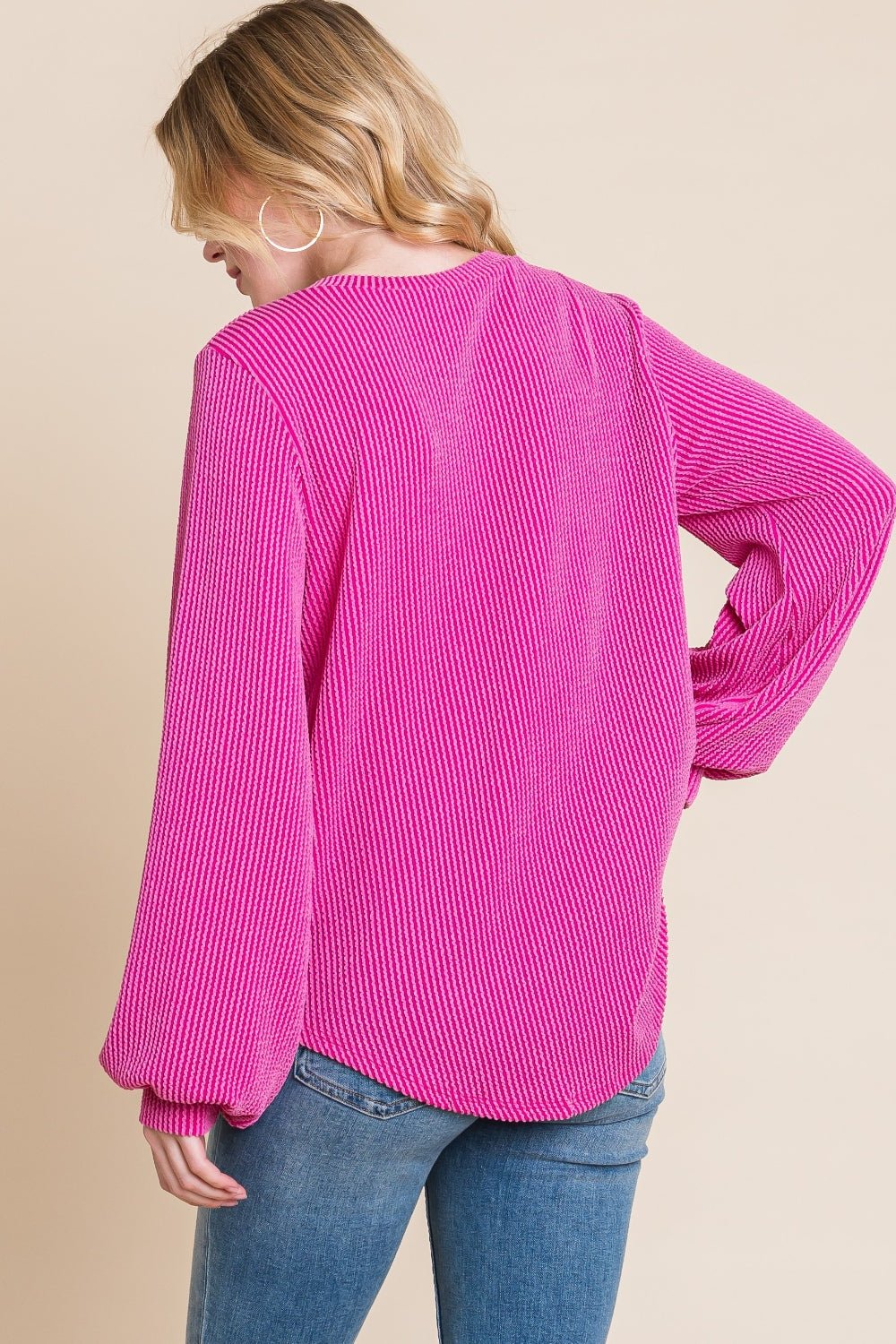 BOMBOMLong Sleeve Curved Hem Rib Knit T - Shirt in Fuchsia