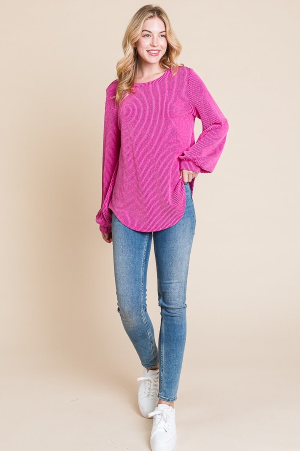 BOMBOMLong Sleeve Curved Hem Rib Knit T - Shirt in Fuchsia