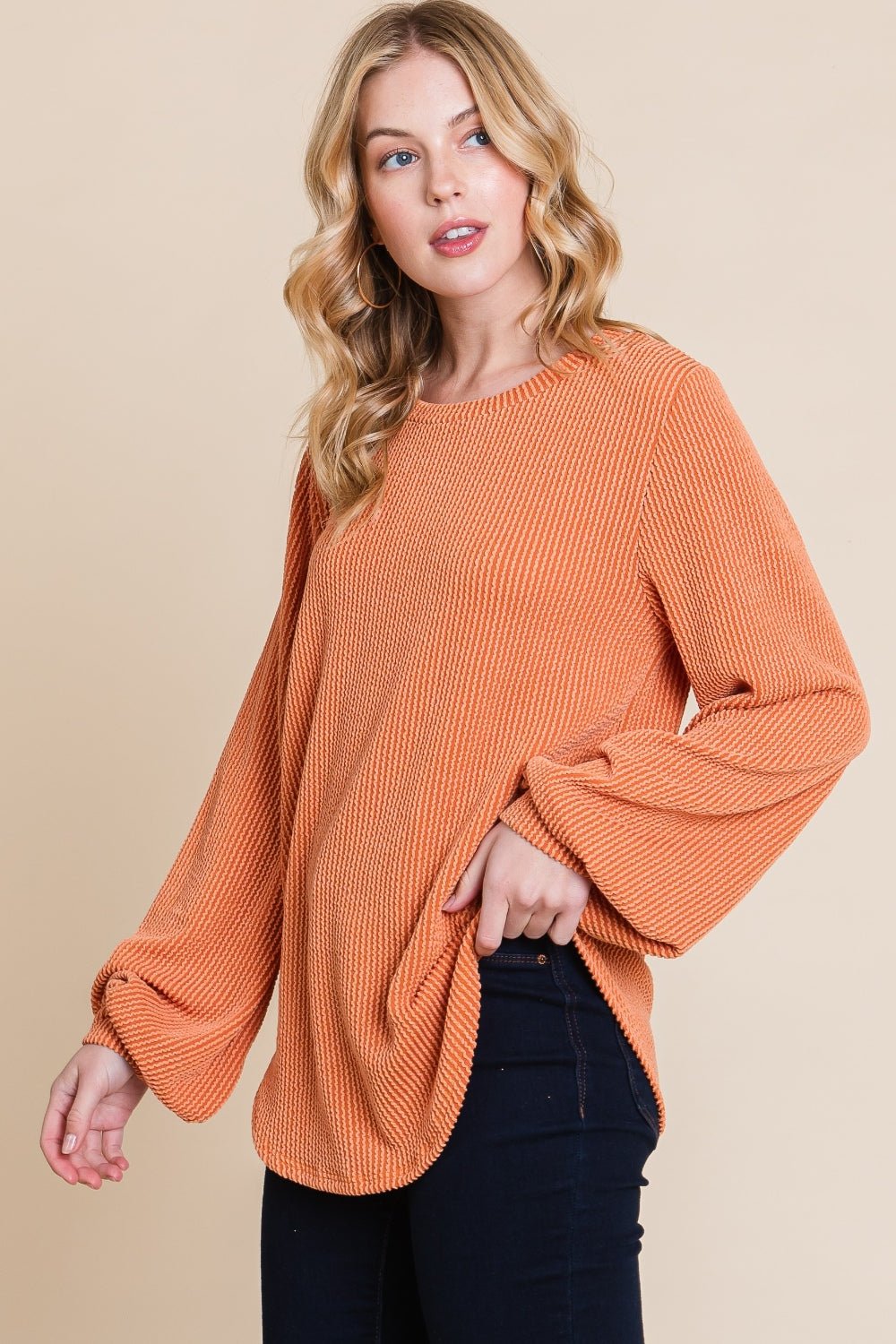 BOMBOMLong Sleeve Curved Hem Rib Knit T - Shirt in Pumpkin