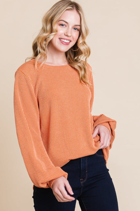 BOMBOMLong Sleeve Curved Hem Rib Knit T - Shirt in Pumpkin