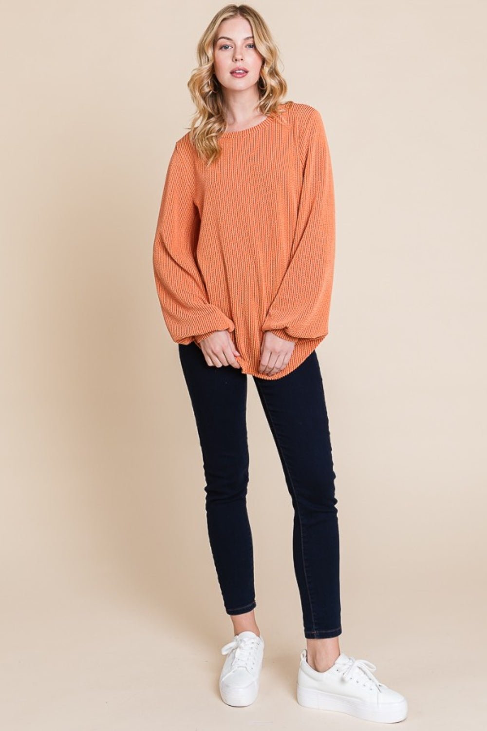 BOMBOMLong Sleeve Curved Hem Rib Knit T - Shirt in Pumpkin