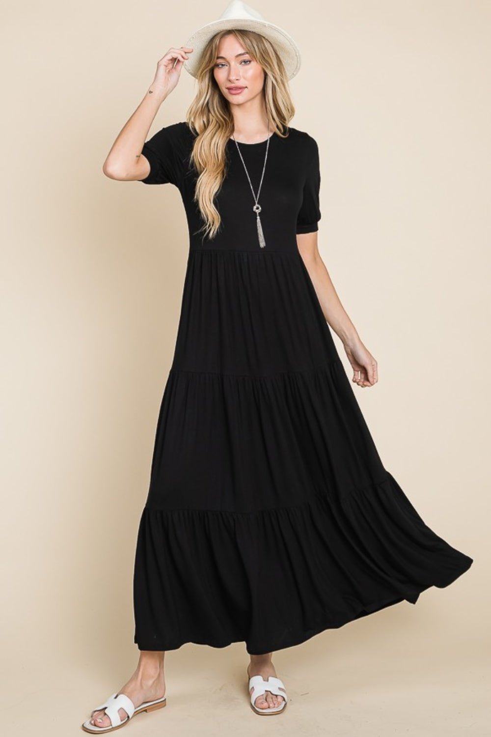 BOMBOMShort Sleeve Tiered Maxi Dress in Black