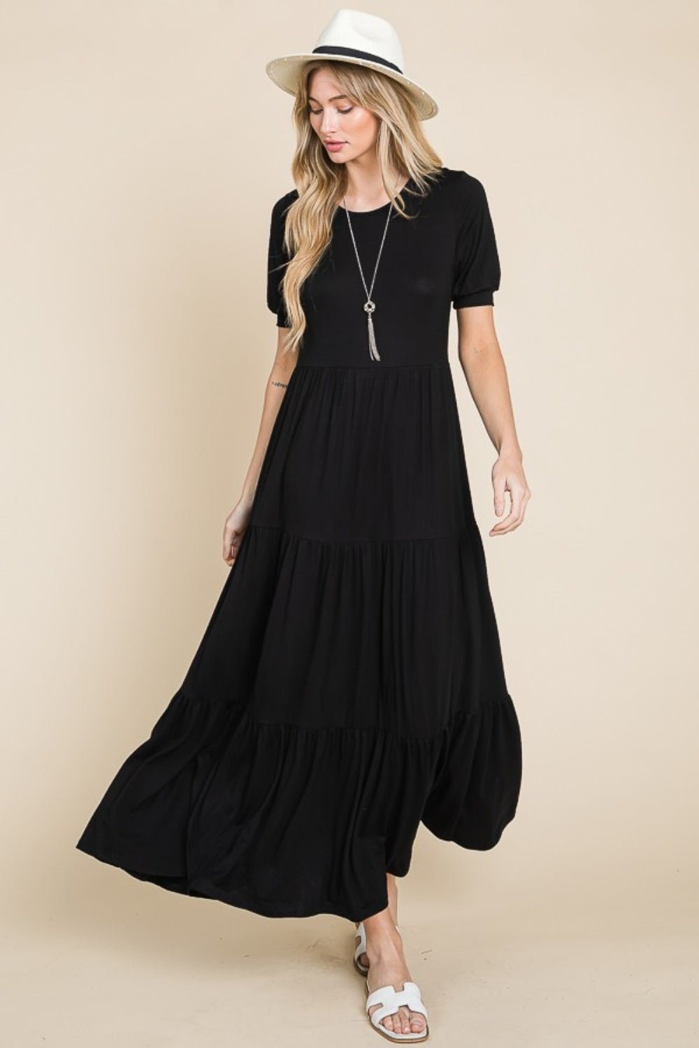 BOMBOMShort Sleeve Tiered Maxi Dress in Black