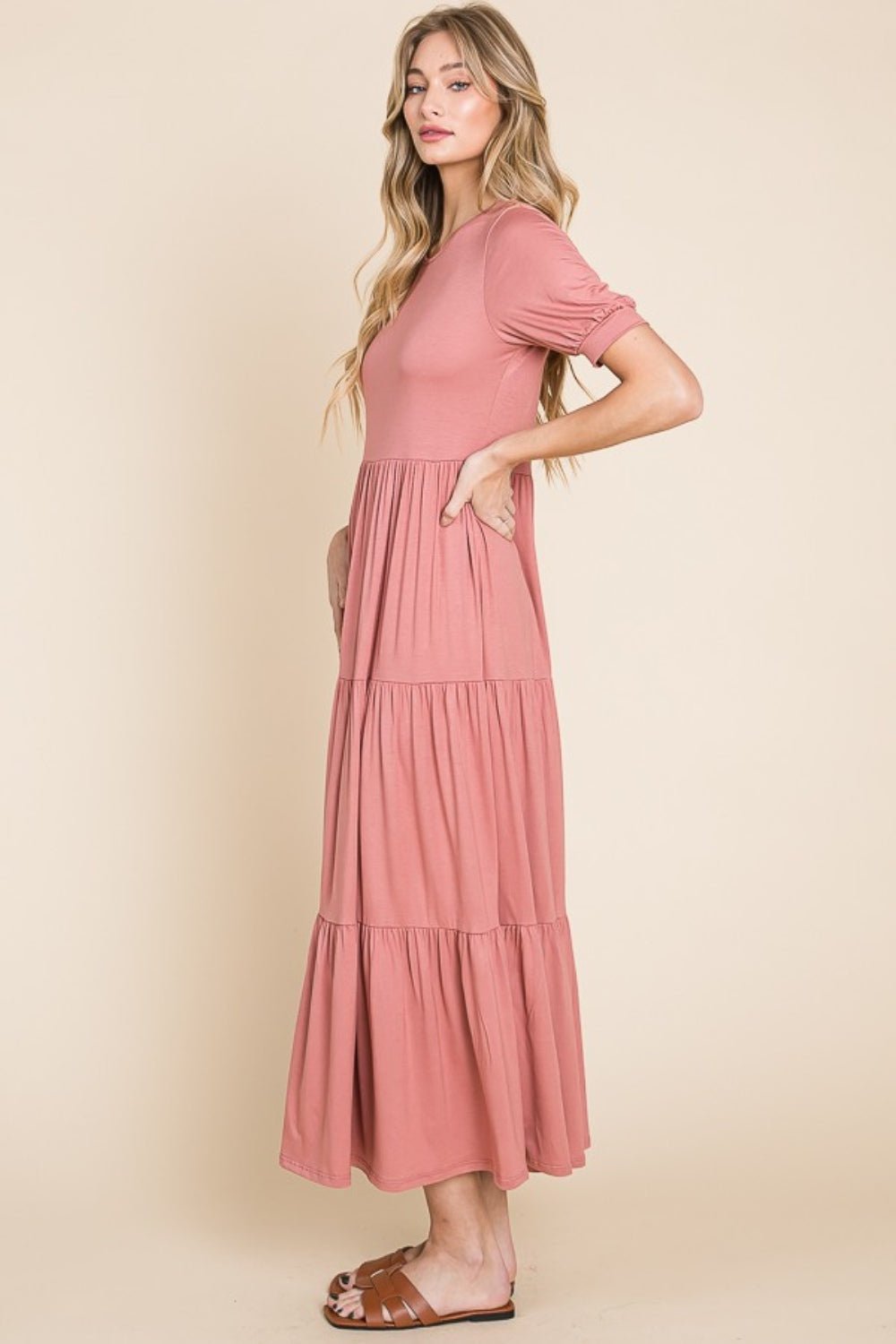 BOMBOMShort Sleeve Tiered Maxi Dress in Brick