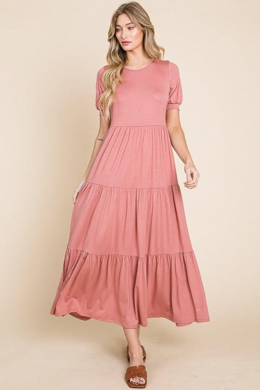 BOMBOMShort Sleeve Tiered Maxi Dress in Brick