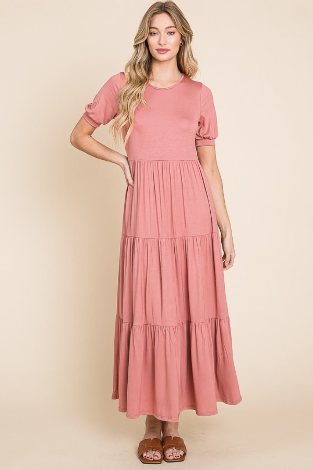 BOMBOMShort Sleeve Tiered Maxi Dress in Brick