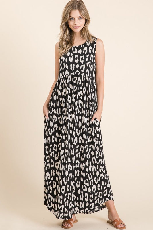 BOMBOMSleeveless Leopard Maxi Dress with Pockets in Black