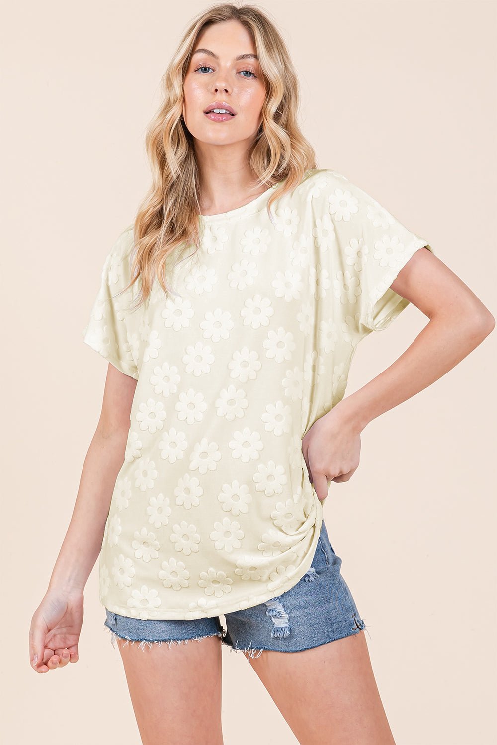 BOMBOMTextured Floral Pattern Short Sleeve T - Shirt in Cream