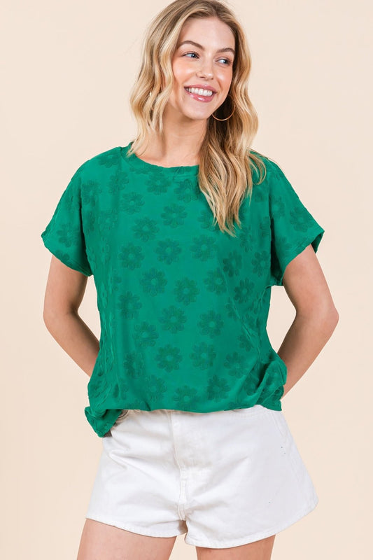 BOMBOMTextured Floral Pattern Short Sleeve T - Shirt in Green