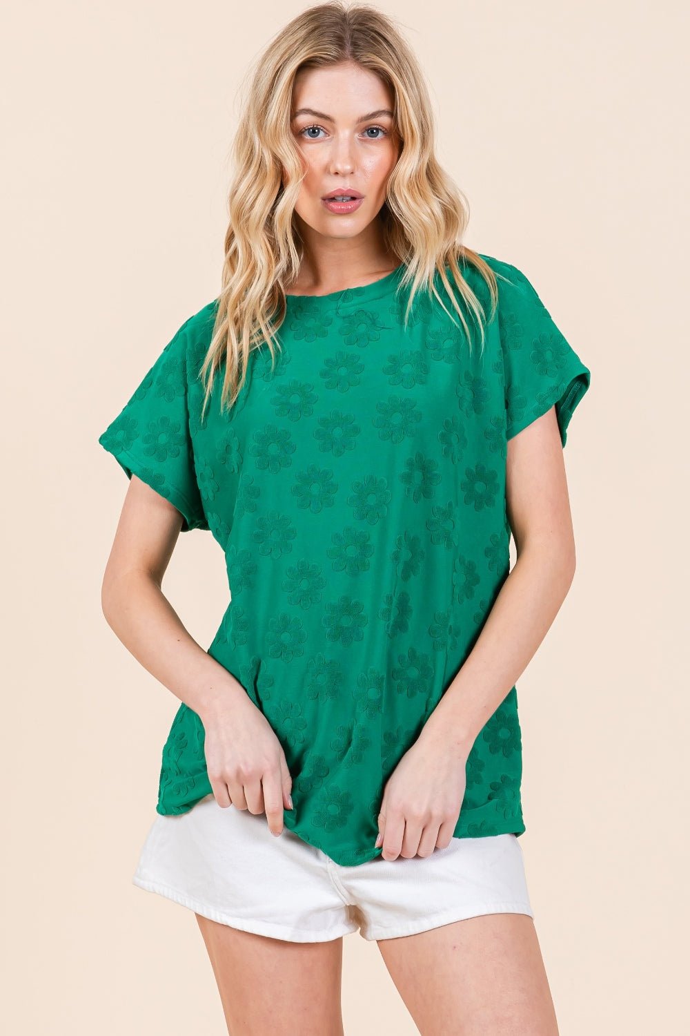 BOMBOMTextured Floral Pattern Short Sleeve T - Shirt in Green