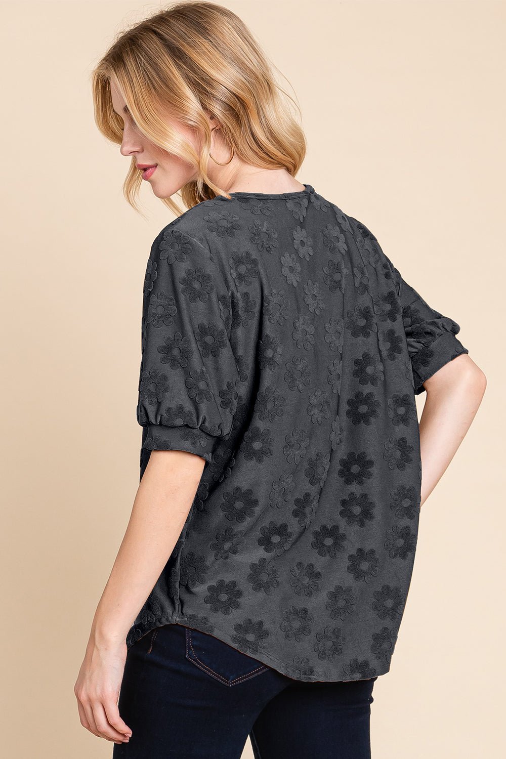 BOMBOMTextured Floral Pattern Top in Black