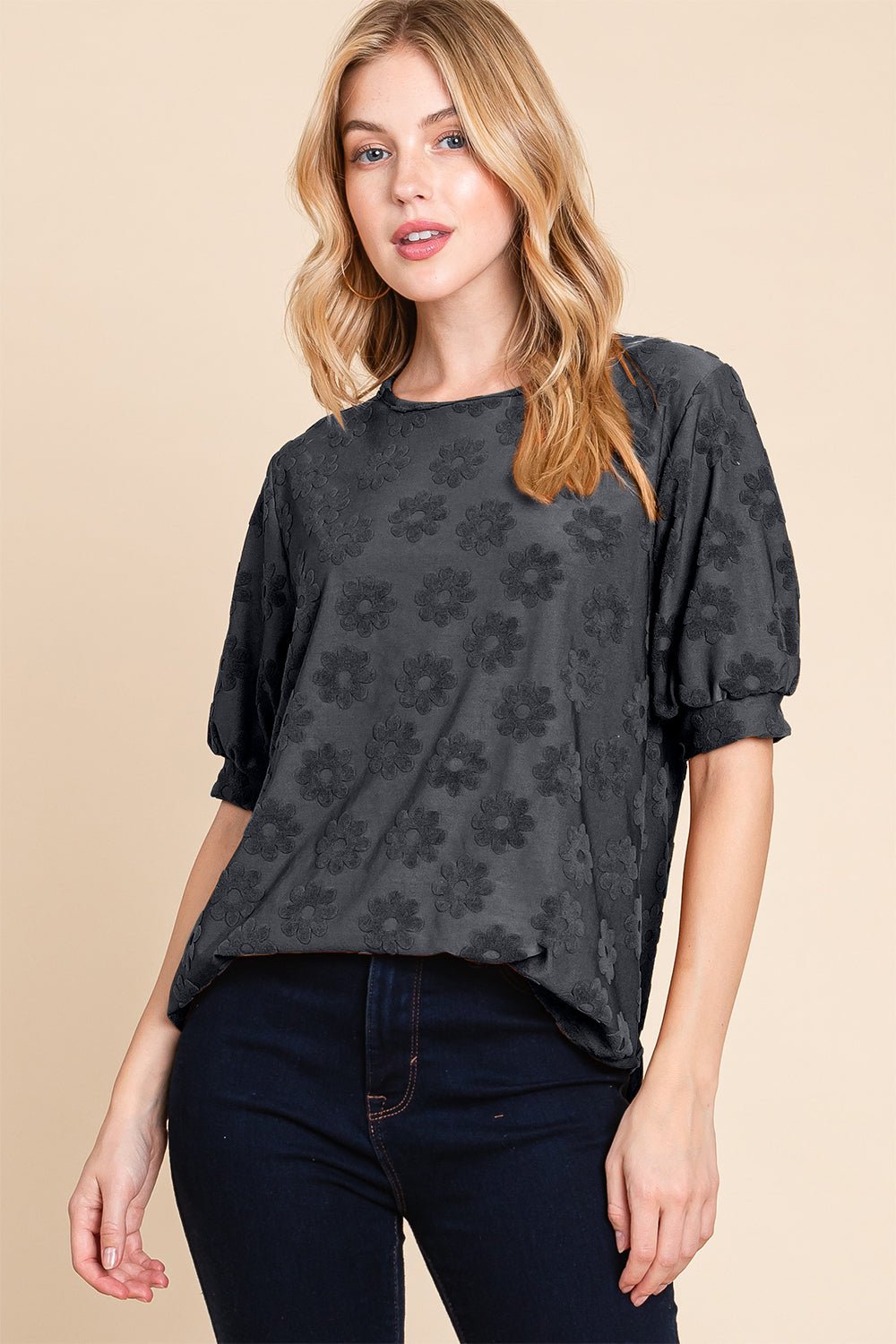 BOMBOMTextured Floral Pattern Top in Black