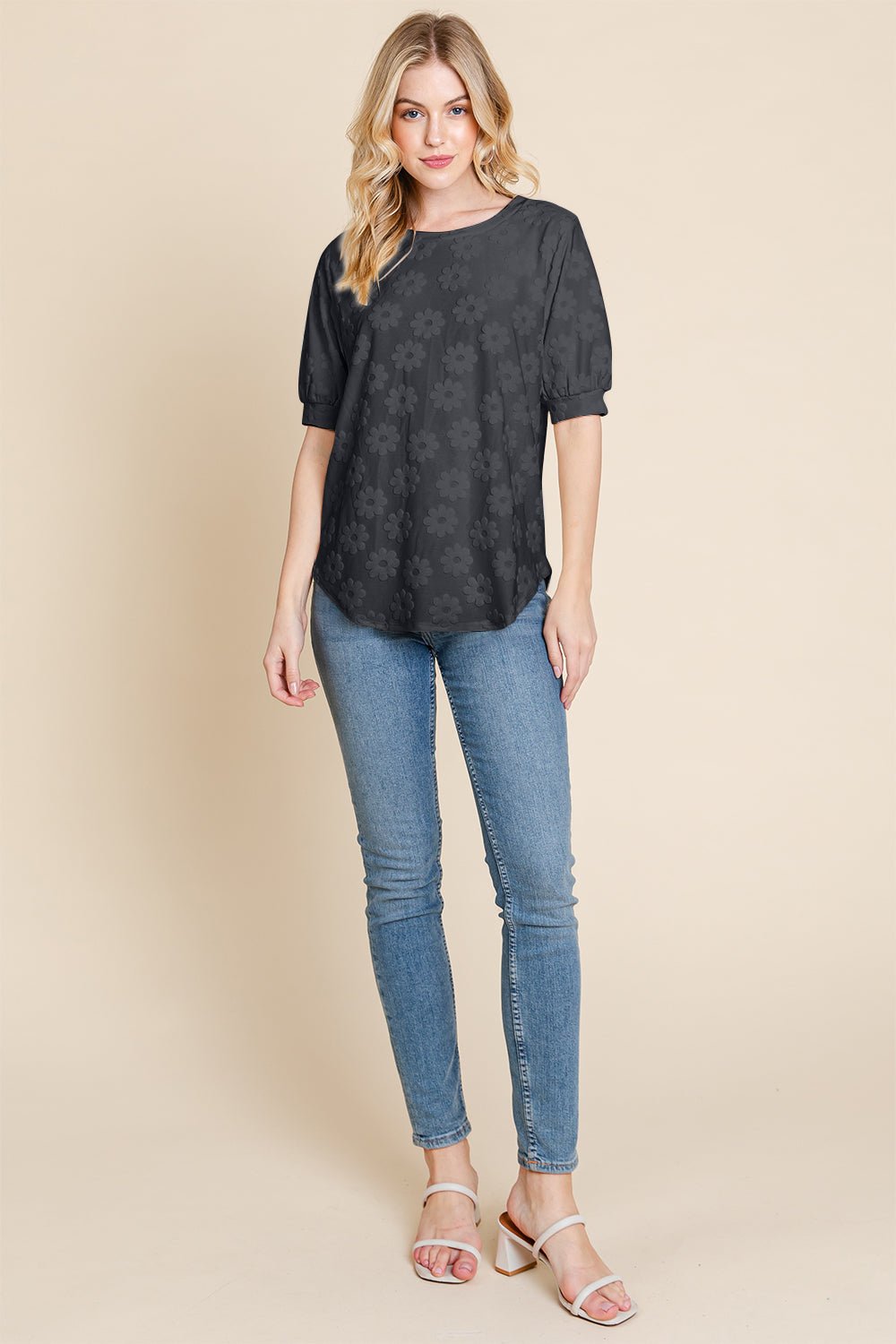 BOMBOMTextured Floral Pattern Top in Black