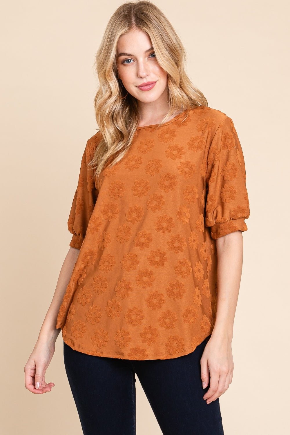 BOMBOMTextured Floral Pattern Top in Camel