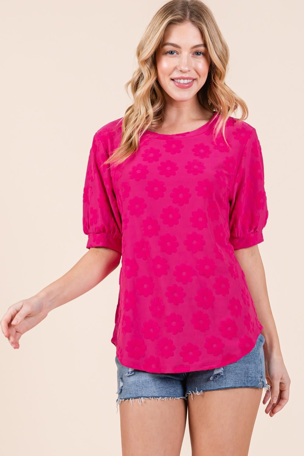 BOMBOMTextured Floral Pattern Top in Fuchsia