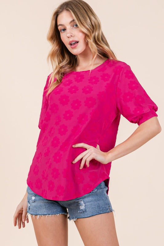 BOMBOMTextured Floral Pattern Top in Fuchsia