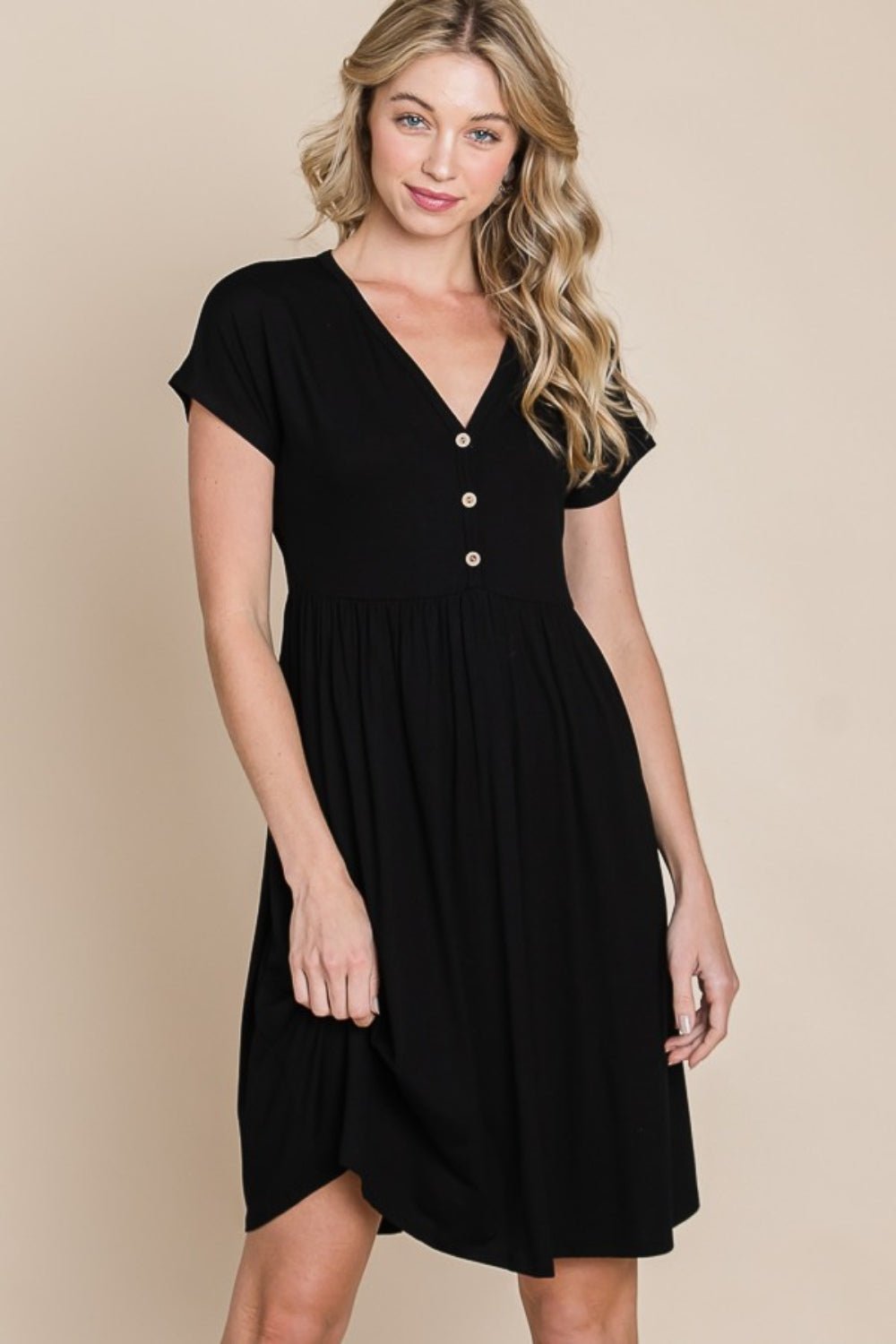 BOMBOMV - Neck Short Sleeve Mini Dress in Black