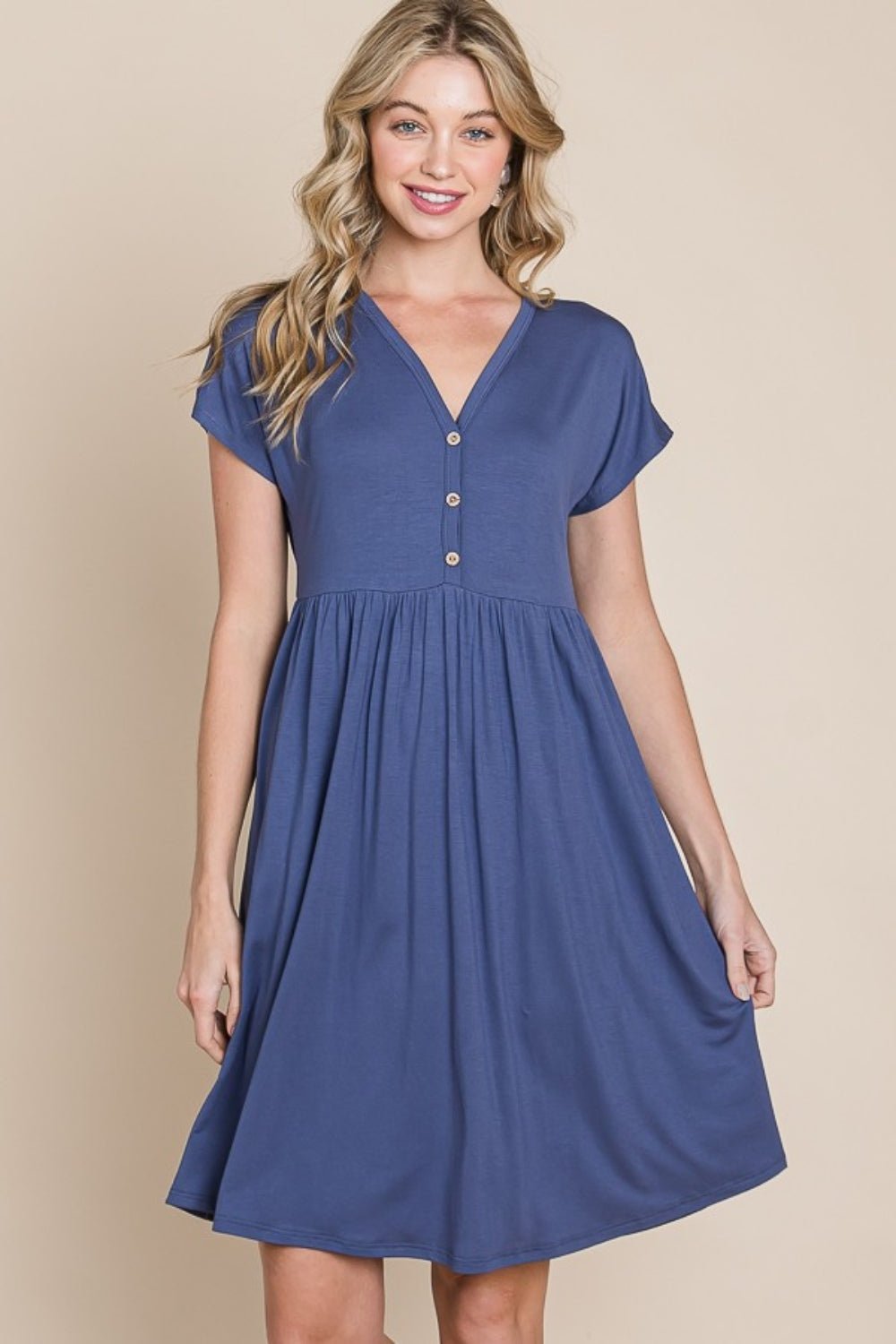 BOMBOMV - Neck Short Sleeve Mini Dress in Blue