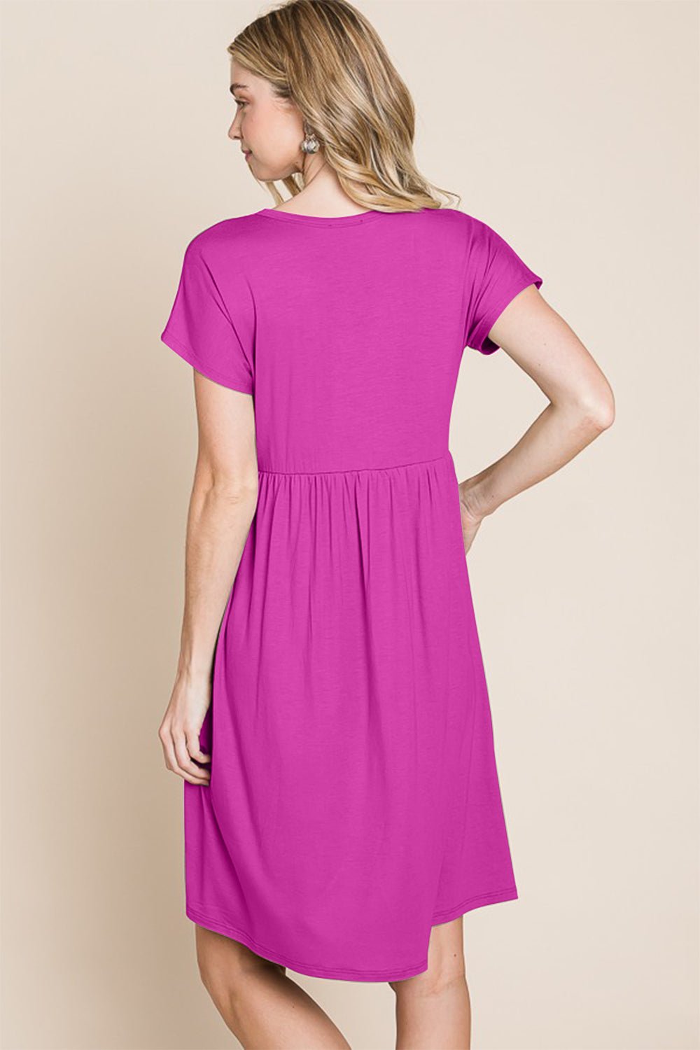 BOMBOMV - Neck Short Sleeve Mini Dress in Magenta