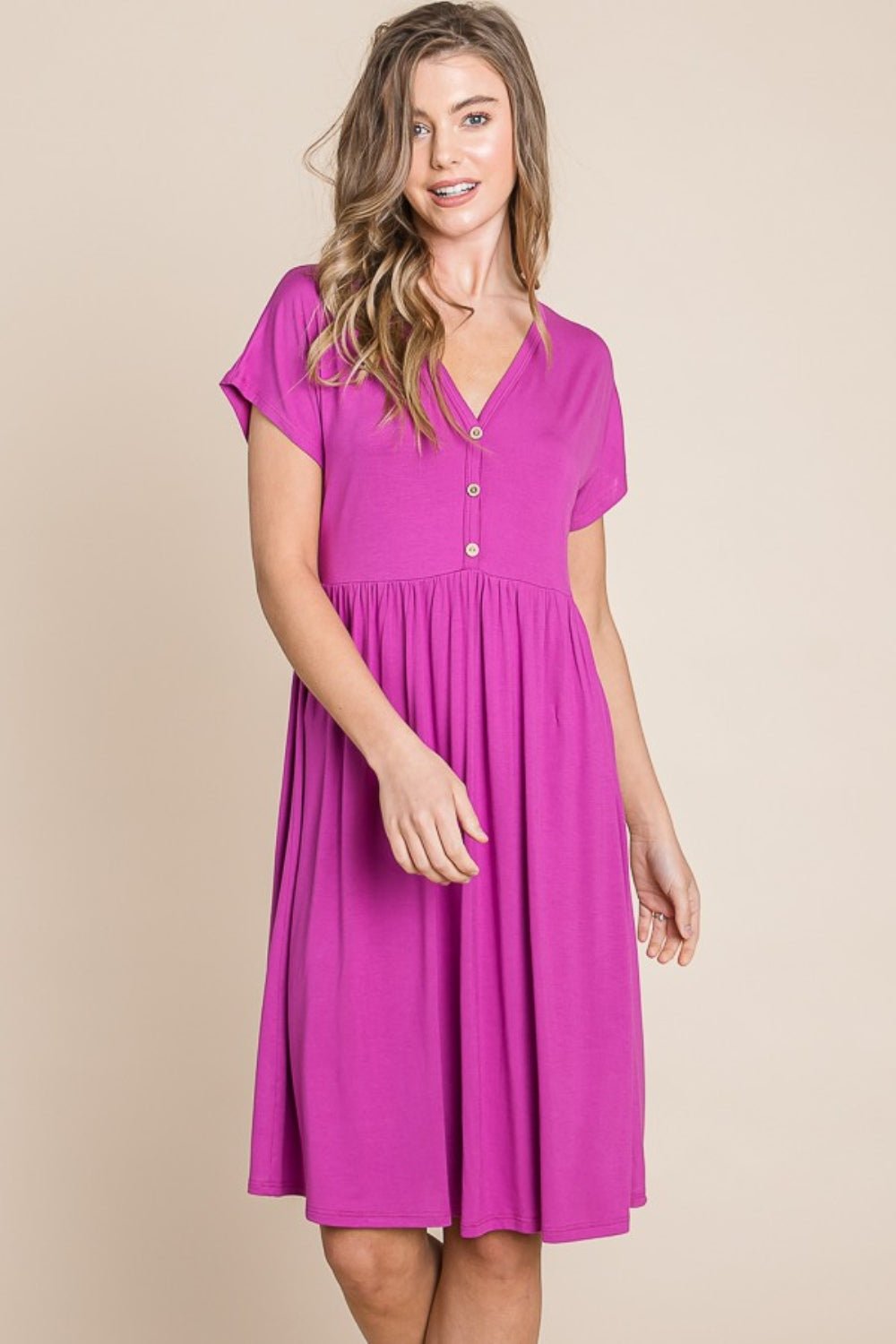 BOMBOMV - Neck Short Sleeve Mini Dress in Magenta