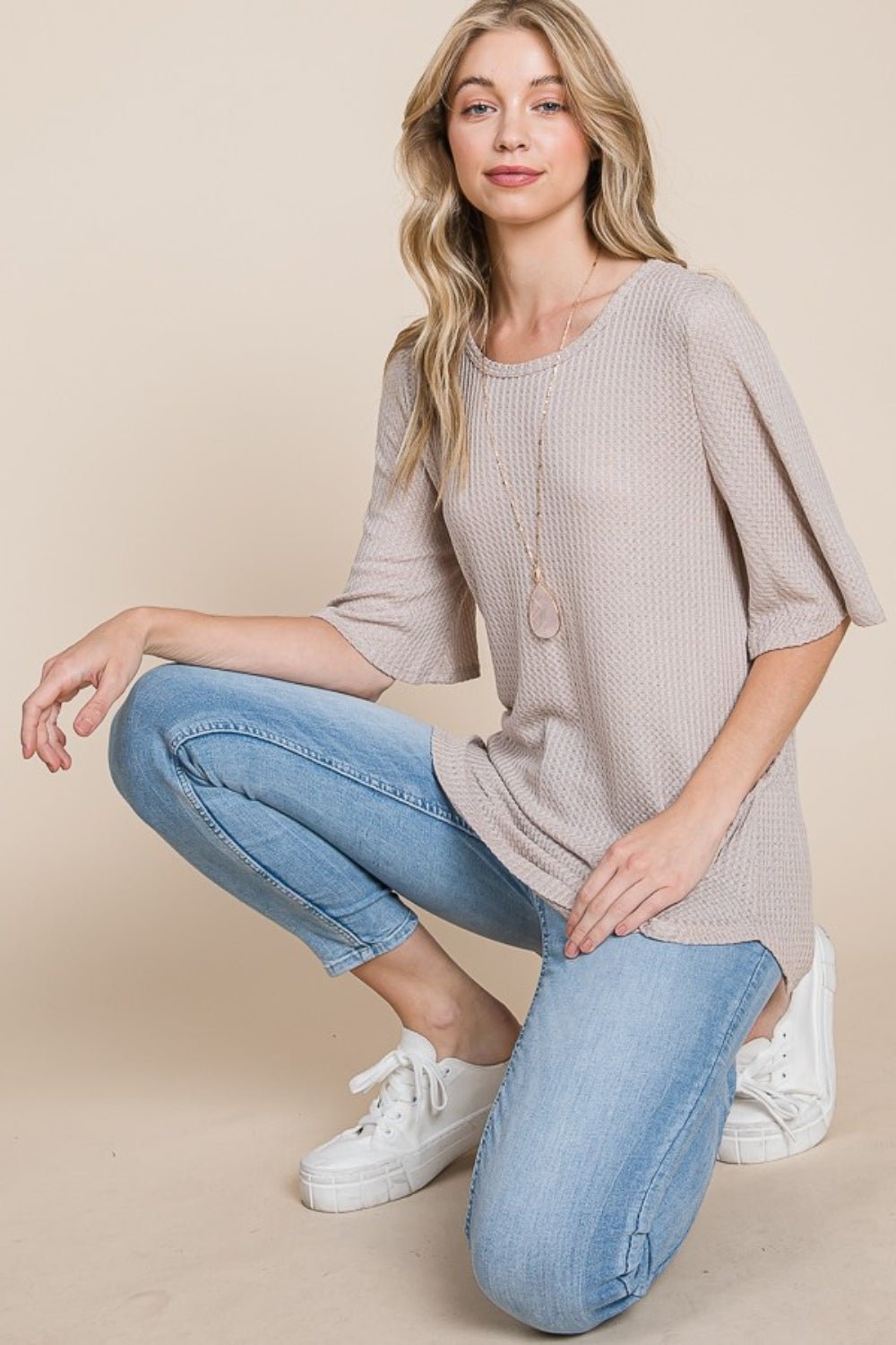 BOMBOMWaffle Knit T - Shirt in Sand