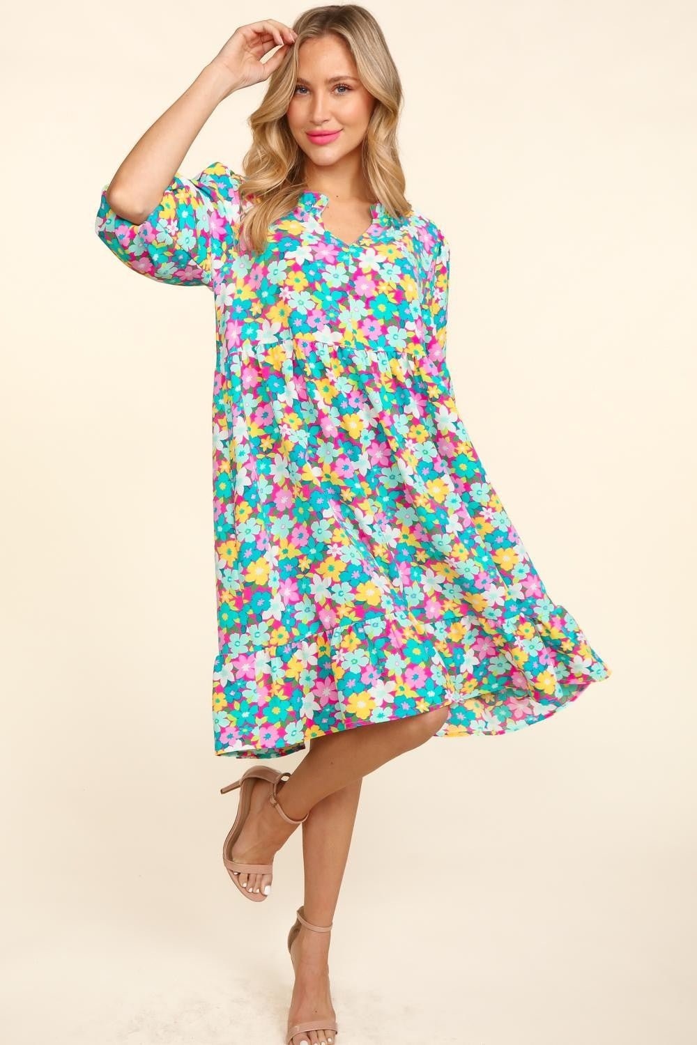 Bubble Sleeve Floral Ruffled Knee-Length Dress in Mint FuchsiaKnee-Length DressHaptics