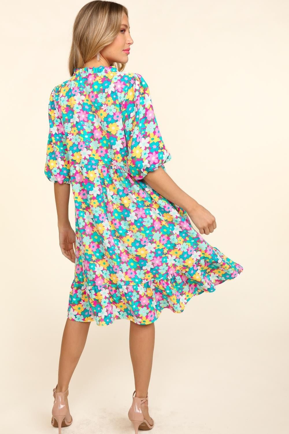 Bubble Sleeve Floral Ruffled Knee-Length Dress in Mint FuchsiaKnee-Length DressHaptics