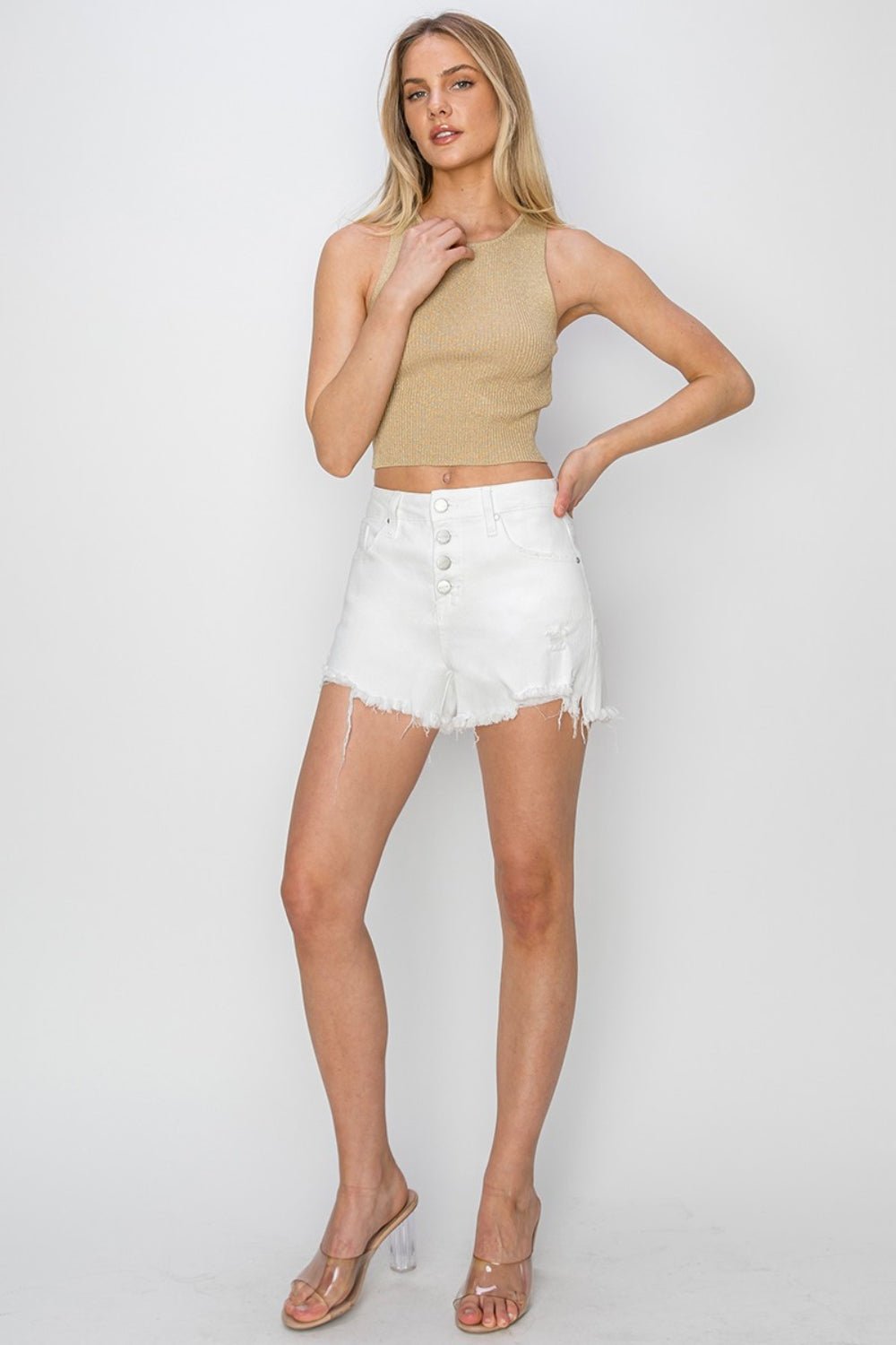 Button Fly Frayed Hem Denim Shorts in WhiteShortsRISEN