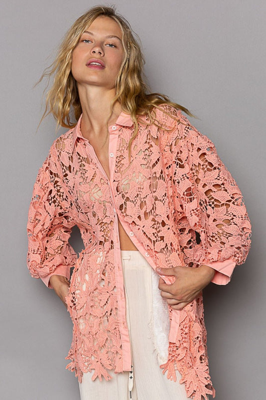 Button Up Lace Shirt in Peach CoralShirtPOL