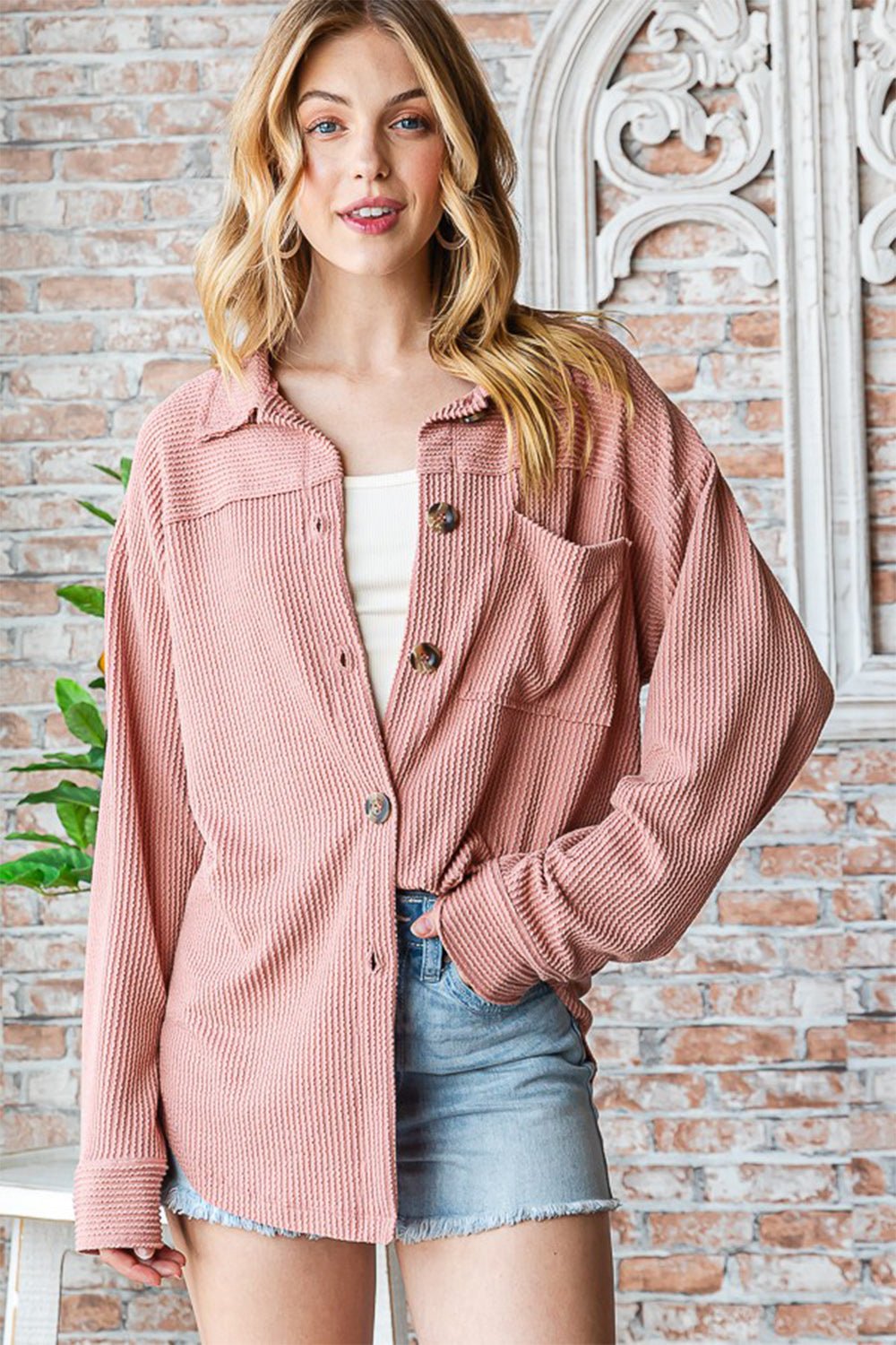 Button Up Long Sleeve Shacket in Dark PeachShacketReborn J