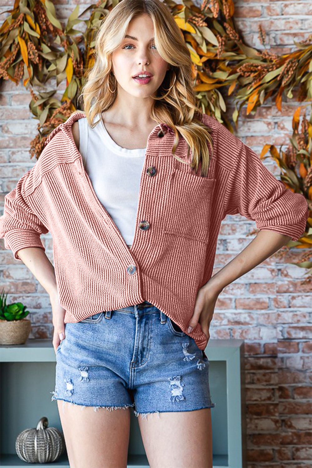 Button Up Long Sleeve Shacket in Dark PeachShacketReborn J