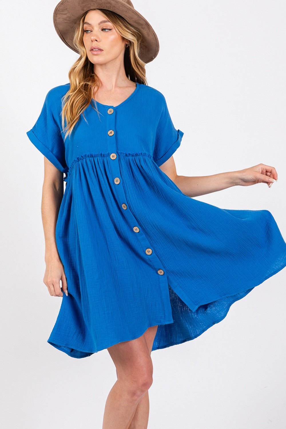 Button Up Short Sleeve Mini Dress in BlueMini DressSAGE+FIG