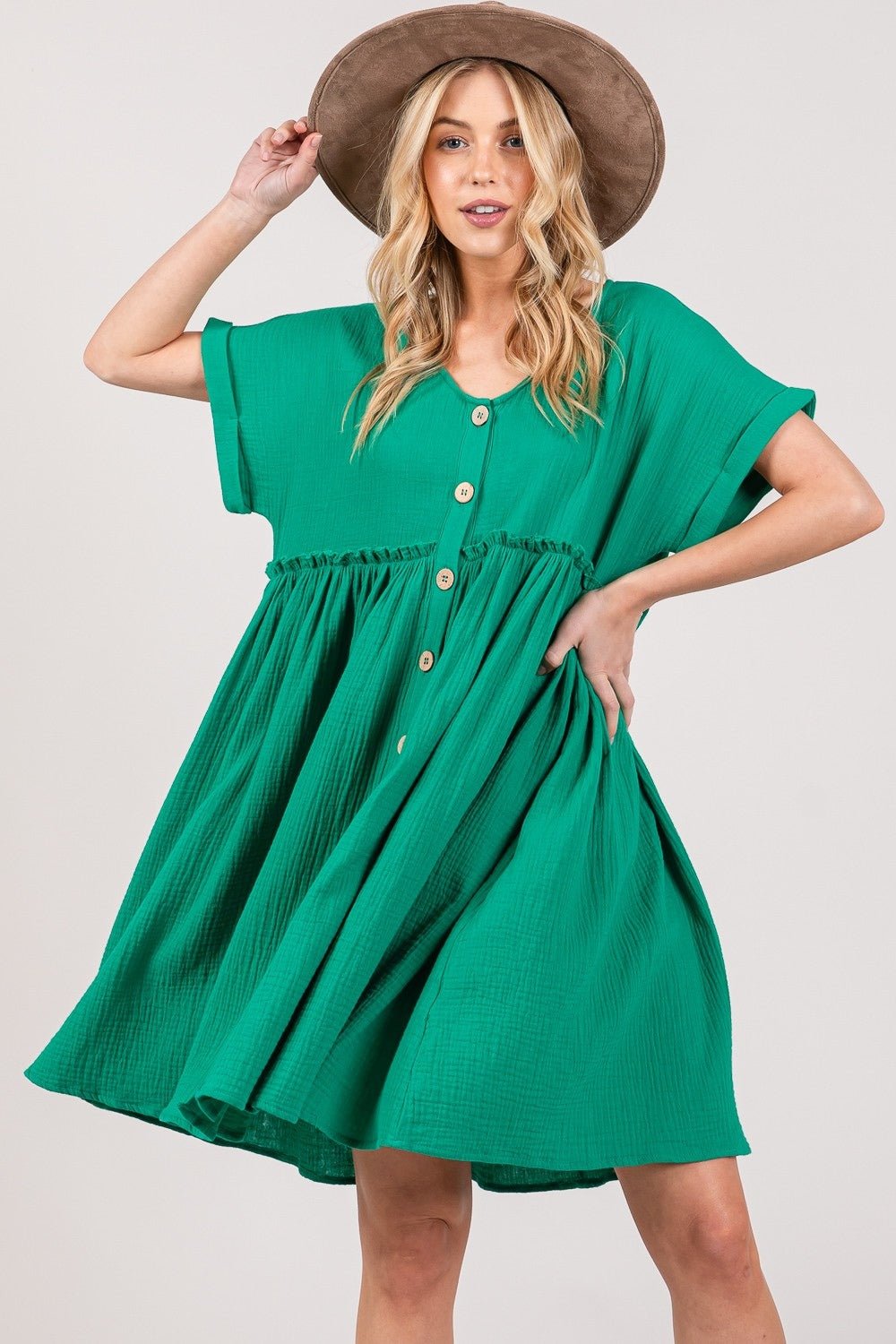 Button Up Short Sleeve Mini Dress in Kelly GreenMini DressSAGE+FIG