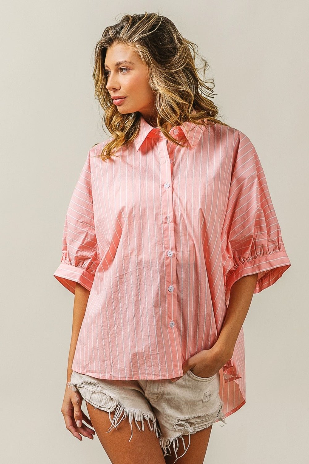 Button Up Striped Dolman Sleeve Shirt in BlushShirtBiBi